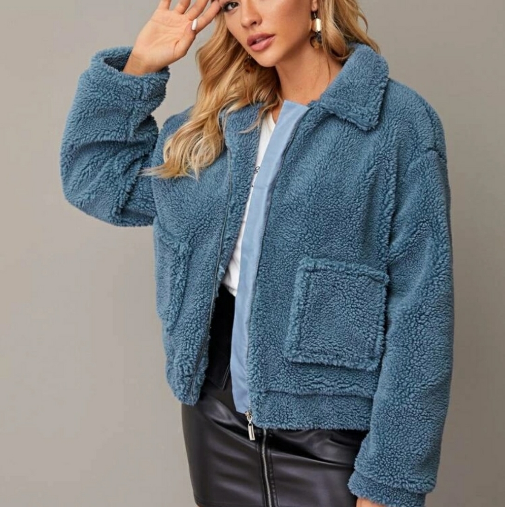 SheIn Zip Up Blue Teddy Spring Jacket - Picture 2 of 10